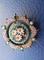 Petite Broche Ancienne/Avec Décor Floral Micro-mosaïque/Italien ? /sans L'épingle/Vers Fin XIX-Début XX     INS128 - Broches