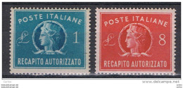 REPUBBLICA:  1947  RECAPITO  AUTORIZZATO  -  S. CPL. 2  VAL. N. -  GOMMA  BICOLORE  -  SASS. 8/9 - Express-post/pneumatisch