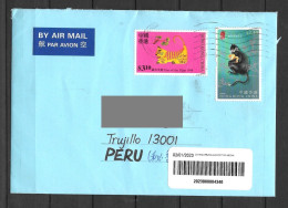 Hong Kong Cover With Year Of The Tiger And Monkey Stamps Sent To Peru - Brieven En Documenten
