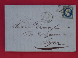 BT10 FRANCE   BELLE LETTRE   1857 ETOILE DE PARIS A LYON  +N°14+ AFFRANCH INTERESSANT - 1853-1860 Napoléon III
