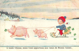 ILLUSTRATEUR JOHN WILLS - MEILLEURS SOUHAITS DE NOUVEL AN - NOS VOEUX DE BONNE ANNEE - 2 CARTES - COCHONS -LUGE - Wills, John