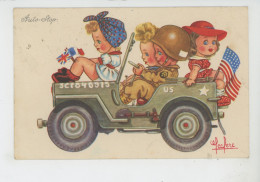 Illustrateur LECLERC - Jolie Carte Fantaisie Fillettes  Dans Automobile Soldat US   "AUTO STOP " - Leclerc