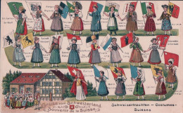 La Suisse, Costumes Et Drapeaux Des 22 Cantons, Litho Gaufrée (10353) - St. Anton