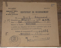 WWII MARSEILLE : Certificat Recensement, Commisaria STO, 1943 ........ PHI ...  E1-18 - Documents