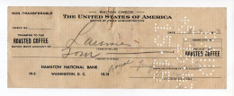 1943. WWII UNITED STATES OF AMERICA,WASHINGTON D.C.HAMILTON NAT.BANK RATION CHEQUE,ROASTED COFFEE - Chèques & Chèques De Voyage