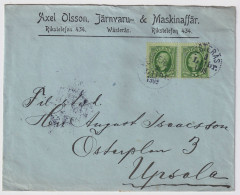 SUÈDE / SWEDEN - 1909 (Nov 3) 2x 5ö Green Facit 52 On Cover From VESTERÅS To UPSALA - Storia Postale