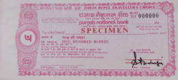 India Rs.500 Five Hundred Indian Rupees "SPECIMEN" Travellers Cheque Of Punjab National Bank, Signed, Rare As Per Scan - Cheques & Traveler's Cheques
