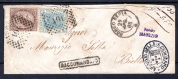 1868 29 APR  C.30 BRUNO CASTANO+C.20 AZZURRO (EMISS. 1867) SASS T19+T26 I DUE EEMPLARI CON OTTIMA CENTRATURA SU BUSTA RA - Storia Postale