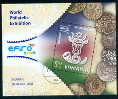 2007 Bison/Wisent Head,Old Medieval Coins,Münze,Monnaie,EFIRO Stamp Exhibition,Post Horn,Romania,Bl.408,VFU - Gebraucht