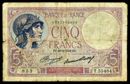 A8 FRANCE   BILLETS DU MONDE   BANKNOTES  5 FRANCS 1933 - Andere & Zonder Classificatie
