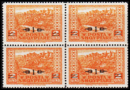 1924. SHQIPENIA. Cities And Buildings. 2 QIND Overprinted 1 In Never Hinged 4-block. (Michel 95) - JF533515 - Albania