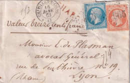 France Marcophilie - Département Du Loiret - N°22 & 23  Obl GC 966 & T.15 CHATILLON S LOING 1863 - Lettre Chargée - 1849-1876: Classic Period