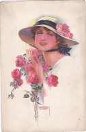 CPA ILLUSTRATIONS, SIGNED, USABAL- YOUNG WOMAN WITH HAT AND ROSES - Usabal