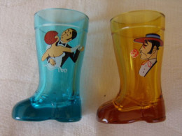 Vintage- 6 Verres à Liqueur, En Forme De Botte. Très Joliment Décorés, Thème Danse, Musique. Neufs, Jamais Employés. - Verres