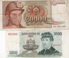 Lot De 2 Billets étranger - 20000 Dinara 1987 De Yougoslavie - 1000 Pésos 2005 Du Chili - Mezclas - Billetes