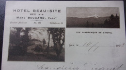 01 GEX LETTRE ILLUSTRE HOTEL BEAU SITE 1923 ENVOI DE MARC BOCCARD PROPRIETAIRE A PROPOS TRAVAUX CANALISATION - Altri & Non Classificati