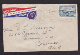 Canada: Airmail Cover To USA, 1943, 1 Stamp, Airplane, Aviation, Air Label TCA Airlines (serious Damage, See Scan) - Covers & Documents