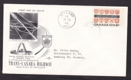 Canada: FDC First Day Cover To Germany, 1962, 1 Stamp, Highway, Transport, Cancel Welland (minor Damage At Back) - Briefe U. Dokumente