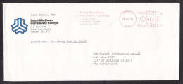 Canada: Cover To Netherlands, 1985, Meter Cancel, Grant MacEwan Community College Edmonton, School (traces Of Use) - Storia Postale