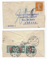 Enveloppe Mignonnette 5c Semeuse Orange Yv 158 Dest Zurich Suisse Taxe Verso 25 Seulement 3 Des 5 Timres Taxe Ob 1918 - Tariffe Postali