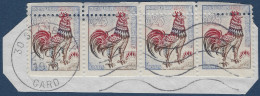 Coq De DECARIS Fragment N°1331 Bande De 4 Variété De Piquage à Cheval Oblitéré De St AMBROIX (gard) Amusant ! - 1962-1965 Coq De Decaris