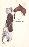 ILLUSTRATEURS NON SIGNES - Femme Donnant Un Bisou à Un Cheval - Parapluie - Châpeau à Fleur - Carte Postale Ancienne - Unclassified