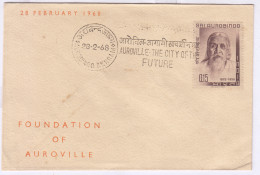First Day Pmk On 'Foundation Of Auroville' Pondicherry On Sri Aurobindo, Ashram, On Hand Made Cover, India Cover 1968  - Lettres & Documents