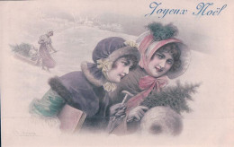 Wichera Illustrateur, Joyeux Noël, Jeunes Filles En Tenue D'hiver Et Luge, Litho (90001) - Wichera