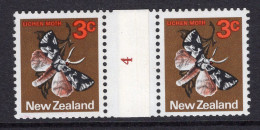 New Zealand 1973-76 Definitives - No Wmk. - Coil Pairs - 3c Lichen Moth - No. 4 - LHM - Unused Stamps