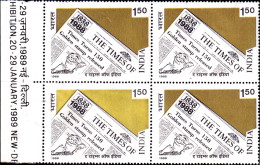 INDIA-1988-THE TIMES OF INDIA-BLOCK OF 4-ERROR- GOLD PHOSPHOR MISSING-DRY PRINT-MNH-IE-48 - Errors, Freaks & Oddities (EFO)