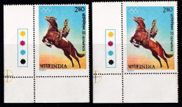 INDIA-1980-OLYMPICS- HORSES- EQUESTRIAN-ERROR- COLOR VARIATION+ FRAME SHIFTING-MNH-IE-42 - Abarten Und Kuriositäten