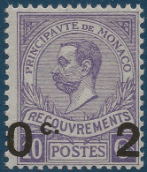 MONACO Timbre TAXE De 1910 N°11a* 20c Sur 10c Violet Variété Surcharge Très à Cheval Signé BOLAFFI - Impuesto