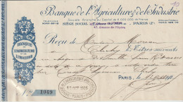 BANQUE DE L'AGRICULTURE ET DE L'INDUSTRIE Paris X° . Reçu   (Mme Moreau Clichy ) - Bank & Versicherung