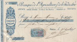 BANQUE DE L'AGRICULTURE ET DE L'INDUSTRIE Paris X° . Reçu   (Mme Moreau Clichy )+ Timbre Taxe 25 Cts Bleu - Banque & Assurance