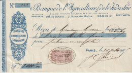 BANQUE DE L'AGRICULTURE ET DE L'INDUSTRIE Paris X° . Reçu (Moreau Clichy)+ Timbre - Quittances 1 F Brun - Banco & Caja De Ahorros