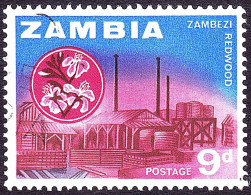 ZAMBIA 1964 QEII 9d Carmine, Black & Bright Blue SG100 FU - Zambia (1965-...)
