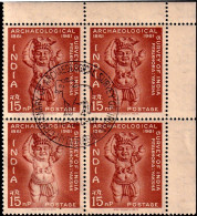 INDIA-1961- ARCH. SURVEY-  BLK OF 4 WITH PICTORIAL CANCEL-DRY PRINT-WORD "BHARAT" & POSTAGE  OMITTED-MNH-IE-68 - Ongebruikt