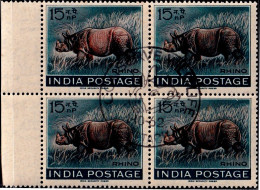 INDIA-1962- WILDLIFE WEEK- RHINOCEROS- BLOCK OF 4 WITH PICTORIAL CANCEL- ERROR-DRY PRINT-"BHARAT" OMITTED-MNH-IE-66-4 - Varietà & Curiosità