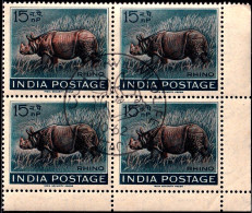 INDIA-1962- WILDLIFE WEEK- RHINOCEROS- BLOCK OF 4 WITH PICTORIAL CANCEL- ERROR-DRY PRINT-"BHARAT" OMITTED-MNH-IE-66-3 - Errors, Freaks & Oddities (EFO)