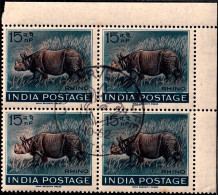 INDIA-1962- WILDLIFE WEEK- RHINOCEROS- BLOCK OF 4 WITH PICTORIAL CANCEL- ERROR-DRY PRINT-"BHARAT" OMITTED-MNH-IE-66-2 - Varietà & Curiosità