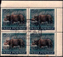 INDIA-1962- WILDLIFE WEEK- RHINOCEROS- BLOCK OF 4 WITH PICTORIAL CANCEL- ERROR-DRY PRINT-"BHARAT" OMITTED-MNH-IE-66-2 - Plaatfouten En Curiosa