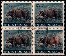 INDIA-1962- WILDLIFE WEEK- RHINOCEROS- BLOCK OF 4 WITH PICTORIAL CANCEL- ERROR-DRY PRINT-"BHARAT" OMITTED-MNH-IE-66-1 - Varietà & Curiosità
