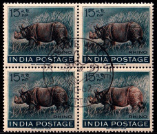 INDIA-1962- WILDLIFE WEEK- RHINOCEROS- BLOCK OF 4 WITH PICTORIAL CANCEL- ERROR-DRY PRINT-"BHARAT" OMITTED-MNH-IE-66-1 - Variétés Et Curiosités