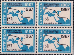 INDIA-1967-BLK OF 4-INDO-EUROPEAN TELEGRAPH SERVICE ROUTE MAP- WORD "POSTAGE"  OMITTED-MNH-IE-70-4 - Nuevos