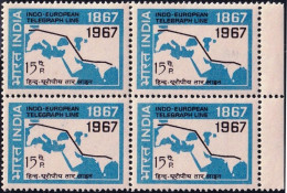 INDIA-1967-BLK OF 4-INDO-EUROPEAN TELEGRAPH SERVICE ROUTE MAP- WORD "POSTAGE"  OMITTED-MNH-IE-70-3 - Nuevos