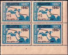 INDIA-1967-BLK OF 4-INDO-EUROPEAN TELEGRAPH SERVICE ROUTE MAP- WORD "POSTAGE"  OMITTED-MNH-IE-70-1 - Nuevos