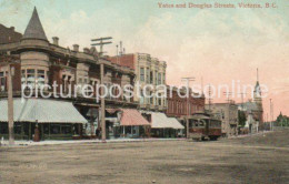 YATES AND DOUGLAS STREETS VICTORIA OLD COLOUR POSTCARD  CANADA TRAM - Victoria