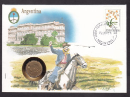 Argentina: Numismatic Cover, 1987, 1 Stamp, Coin Included, Flower, Horse, Heritage, UN Stamp At Back (traces Of Use) - Storia Postale