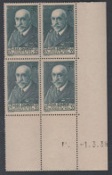 France N° 377 XX  J. Charcot, En Bloc De 4 Coin Daté Du 1 . 3 . 38 ,  Qq Dents Détachées, Sans Charnière  TB - 1930-1939
