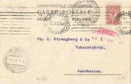 FINLAND - FRANKED COMMERCIAL PC (Mi #63 ALONE) BY LAHENIUS CO. TO STRENGBERG CO. FROM HELSINGFORS TO JAKOBSTAD - 1917 - Brieven En Documenten